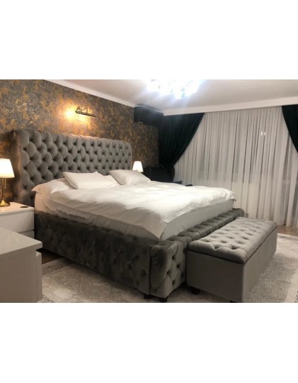 Pat tapitat Chesterfield, somiera rabatabila, produs in Romania, material la alegere, lada de depozitare