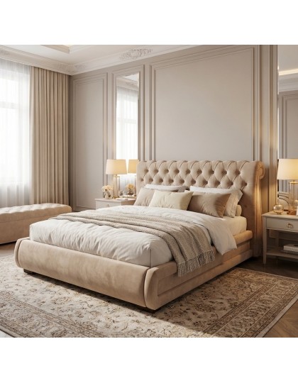 Pat tapitat Queen, Chesterfield, somiera rabatabila, produs in Romania, material la alegere, lada de depozitare